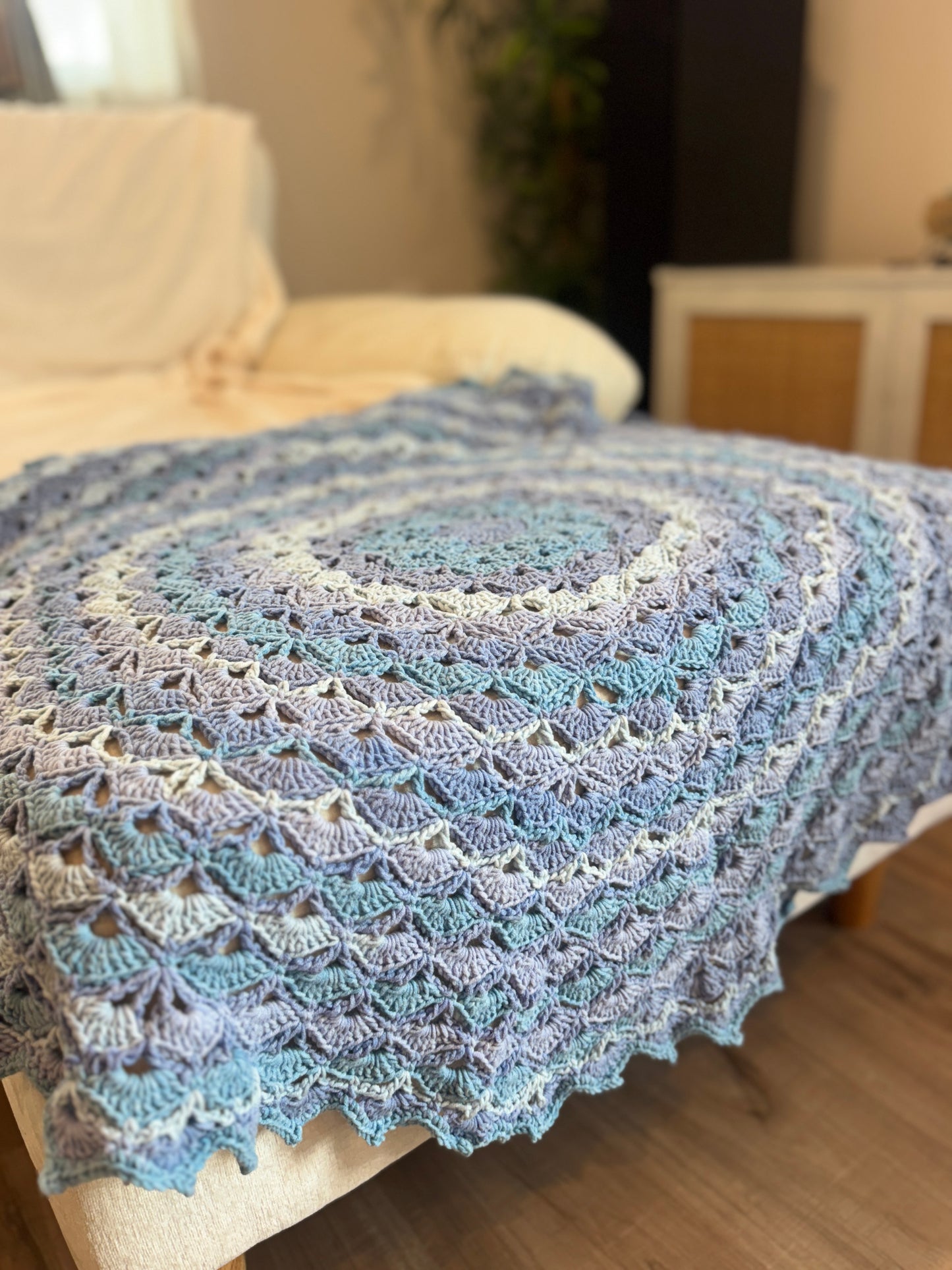 Coastal Bloom heirloom crochet blanket in blue and cream floral pattern, handmade by The Crochet Corral